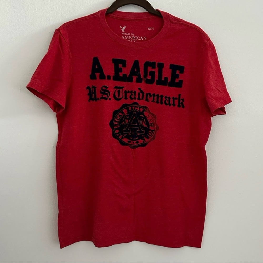 American Eagle Red Tee with Blue Lettering Size Medium
